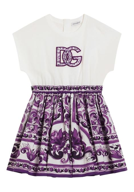 White and Purple Dress with DG Logo and Maiolica Print DOLCE & GABBANA KIDS | L5JDAF-G7PEES9000